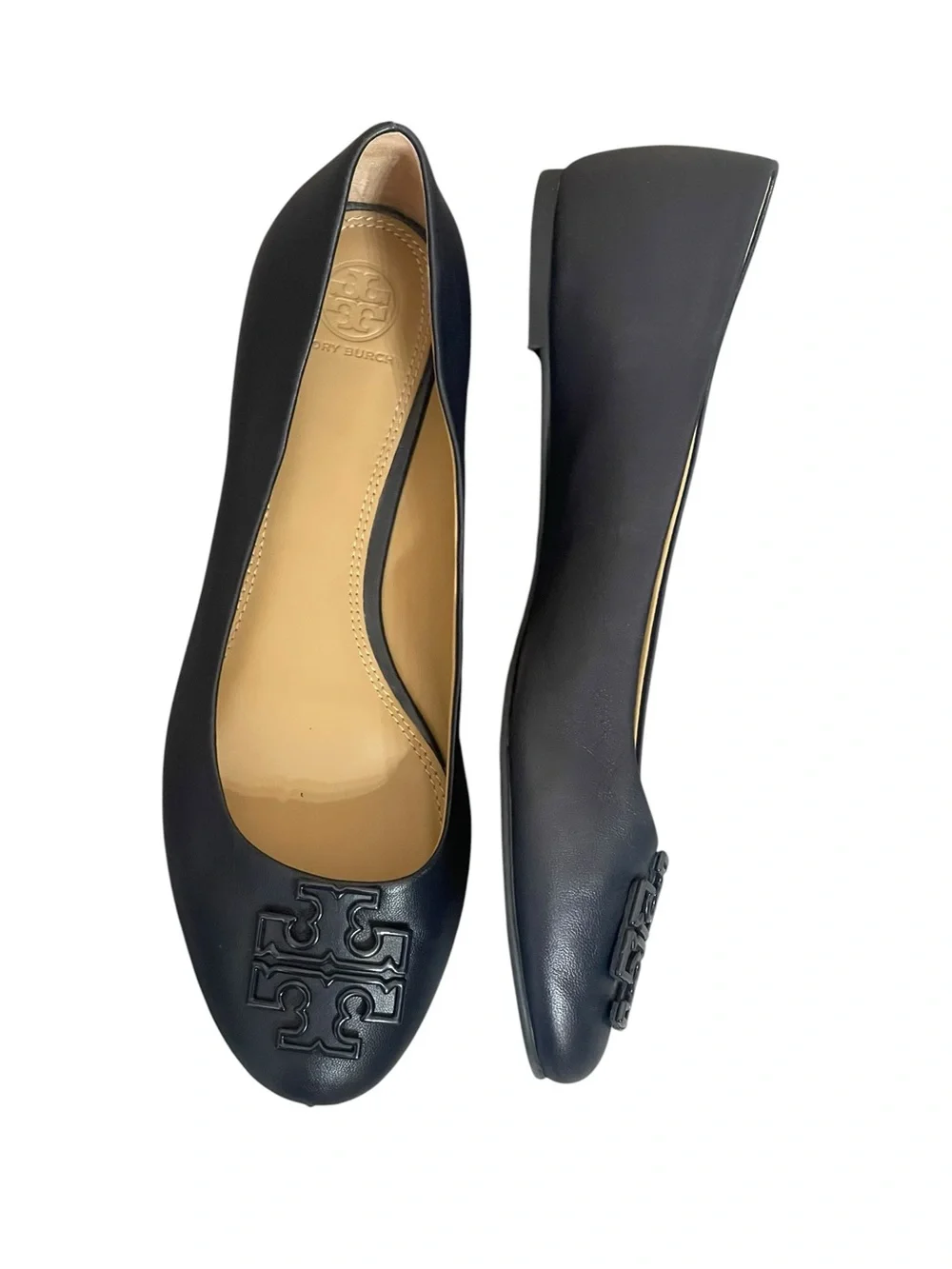 TORY BURCH ROYAL POWDER FLAT BLACK LEATH SZ